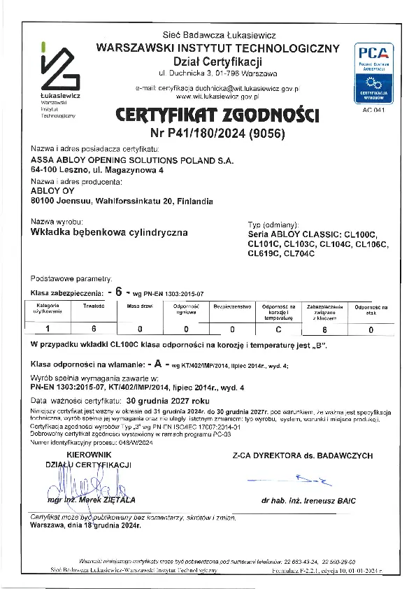 PL ABLOY Cert 2024 seria CLASSIC CL100C CL101C CL103C CL104C CL106C CL619C CL704C